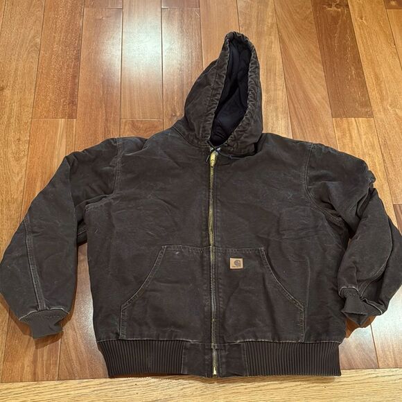 Carhartt J131 Thermal Lined Duck Canvas Union Brown Hooded Work Jacket size XL